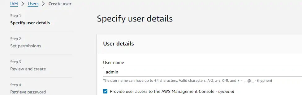 Create user - Name and password